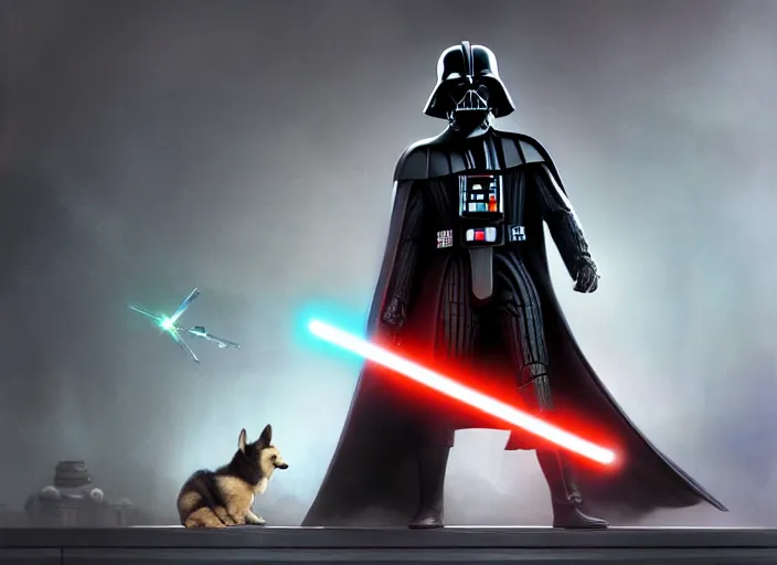 Image similar to a Photorealistic dramatic hyperrealistic render of darth vader with lightsaber drawn facing off against a calm cute corgi in battle, futuristic star wars vibe, by WLOP and Artgerm and Greg Rutkowski and Alphonse Mucha, Beautiful dynamic dramatic dark moody lighting, shadows, cinematic atmosphere, Artstation, concept design art, Octane render, 8K, masterpiece, sharp focus