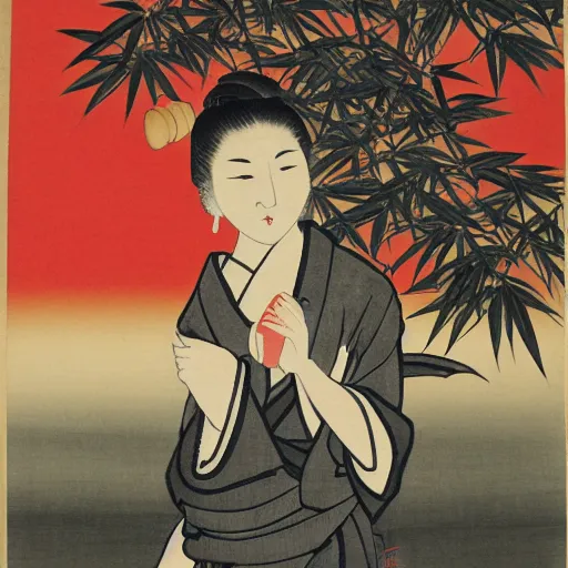 Image similar to japanese ink painting of a japanese woman holding a koi fish in her hands, with bamboo trees, a mountain and a deep red sun in the background