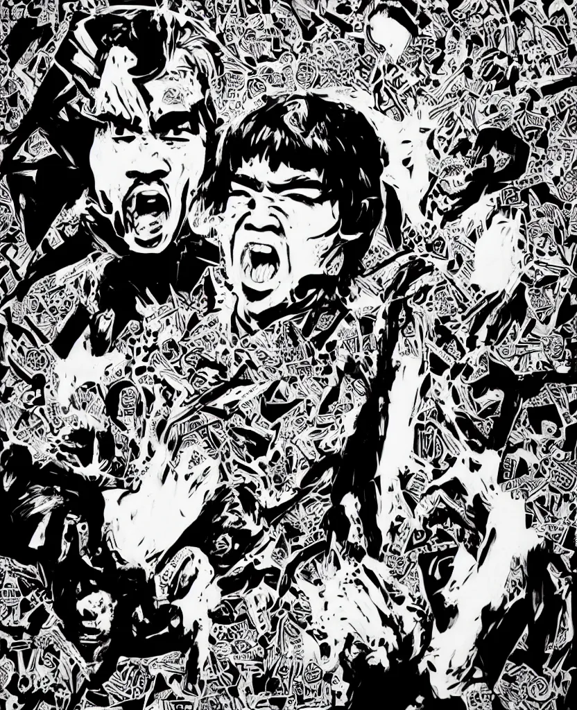 Image similar to a portrait of a screaming bruce lee by mcbess and shepard fairey and lisa frank