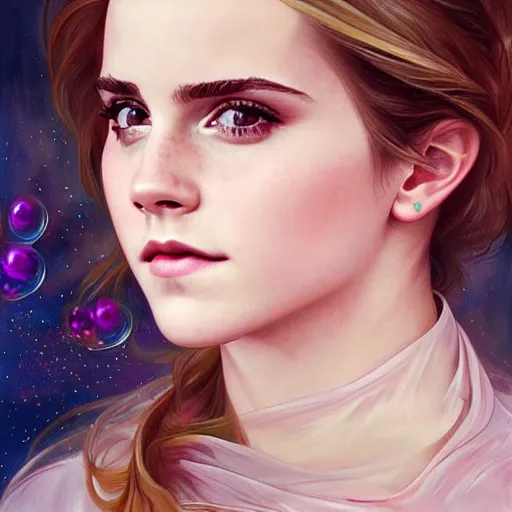 Prompt: dream portrait of Emma Watson, dreamy and ethereal, expressive pose, big pink eyes, exciting expression, fantasy, intricate, elegant, many rainbow bubbles, rose tones, highly detailed, digital painting, artstation, concept art,cyberpunk wearing, smooth, sharp focus, illustration, art by artgerm and greg rutkowskiand alphonse mucha,Salvador Dali.