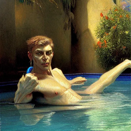 Prompt: a portrait of a furry alien human hybrid in the pool. highly detailed painting by gaston bussiere, craig mullins, j. c. leyendecker, furry