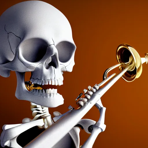 Prompt: a skeleton playing the trumpet, 3 d render, octane, ray tracing, ultra high resolution, ultra detailed, photorealistic, 8 k