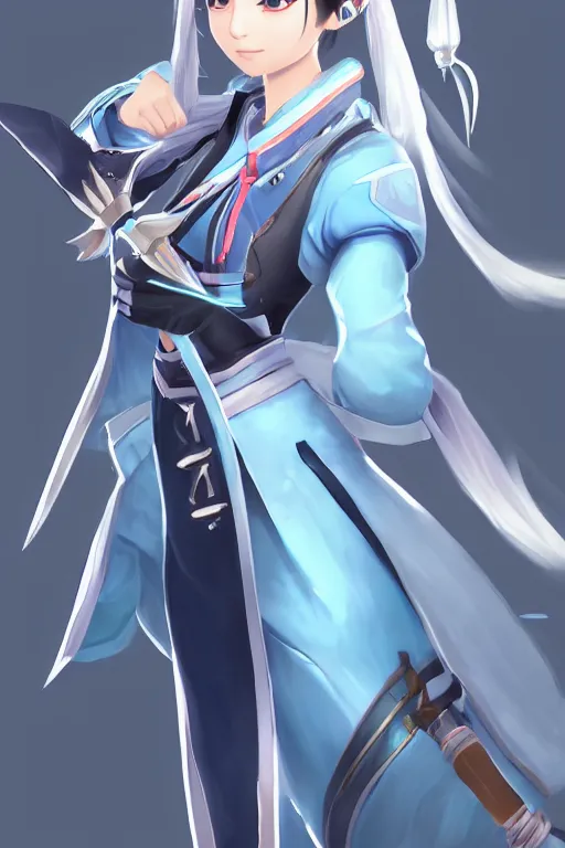 Image similar to a south korean female from paladins, white ponytail hair, she is holding a kunai, wearing light blue jacket, highly detailed digital art, character design, masterpiece