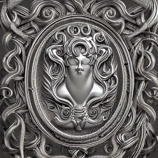 Prompt: Medusa amulet, detailed intricate silverwork on a dark oak background, 8k digital render