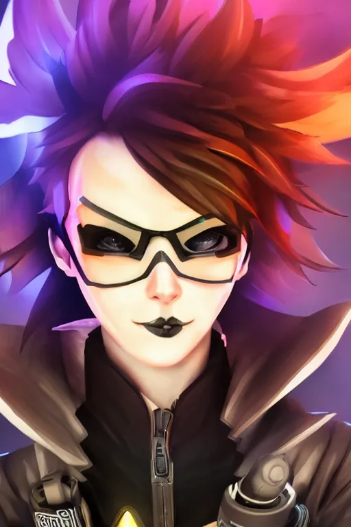 Image similar to digital drawing of tracer from overwatch in a goth style, wearing black lipstick and black eyeliner, 4 k, artstation, beautiful artwork, volumetric lighting, extremely detailed, focus on face, fog,