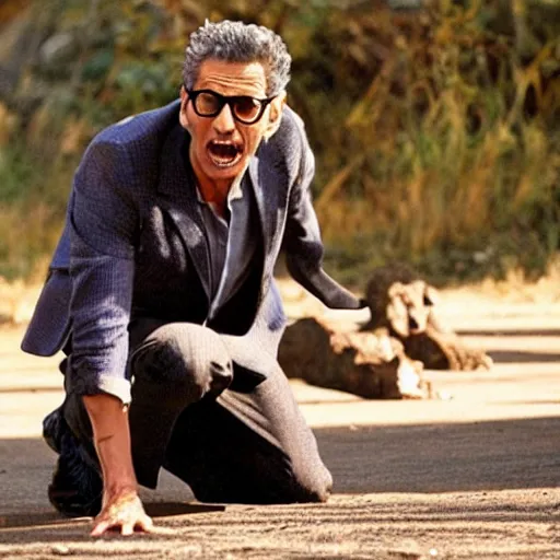 Image similar to Jeff Goldblum on all fours howling at the moon