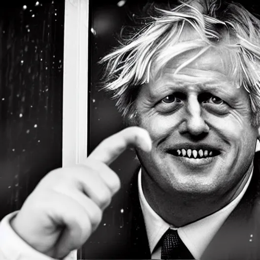 Prompt: a photo taken from the inside of an old house with window blinds being pulled back to reveal a terrifying boris johnson with his face pressed against the window with his hand on the window and a horrifying grin. horror, black and white, raining, night time