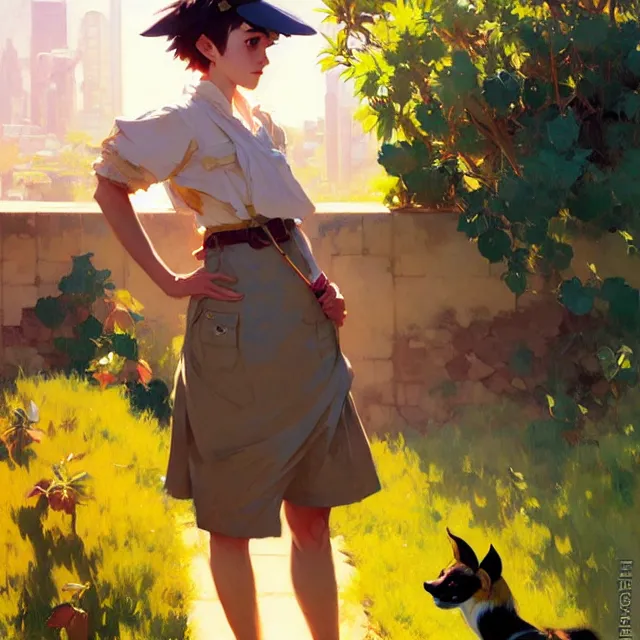 Image similar to a female character inspired by an african wild dog, short hair, basic background, krenz cushart, mucha, ghibli, by joaquin sorolla rhads leyendecker, by ohara koson