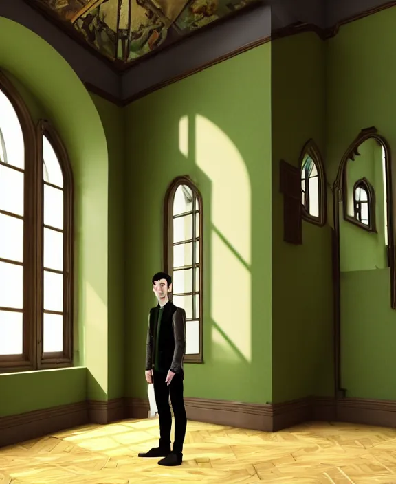 Image similar to androgynous male with black short hair and pale skin is standing in front of a mirror surrounded by victorian interior in a room with tall windows and moos green flooring. by leonardo da vinci, volumetric lighting, petspective room layout