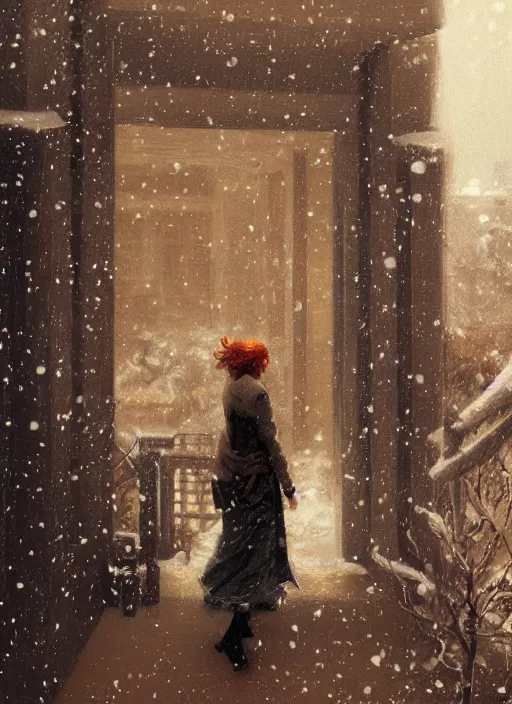 Image similar to back of emma stone in beige coat, orange hair, walking into new york apartment building in winter, opening door, building entrance, snow, zoomed out, artwork by gaston bussiere, craig mullins, trending on artstation