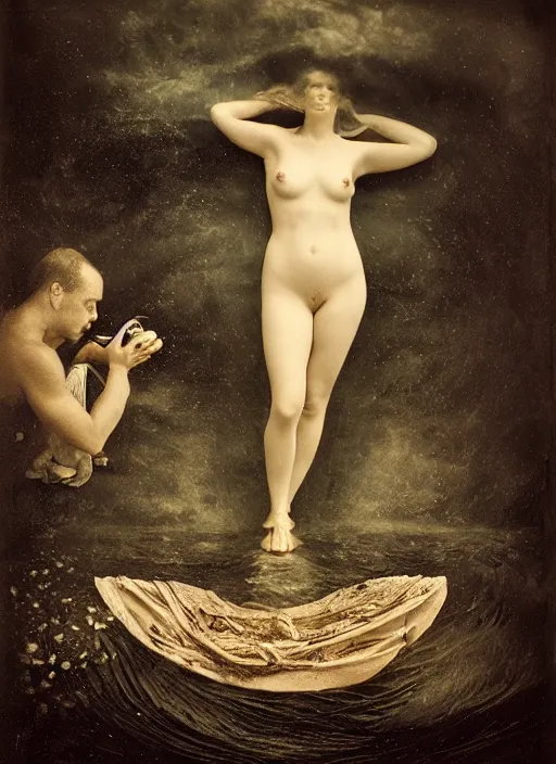 Image similar to old wetplate daguerreotype birth of venus, fractal, intricate, elegant, highly detailed, parallax, leica, medium format, subsurface scattering, by jheronimus bosch and greg rutkowski and louis jacques mande daguerre