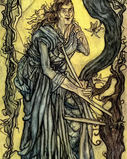 Prompt: tarot card detailed painting, illustration in style of Arthur Rackham