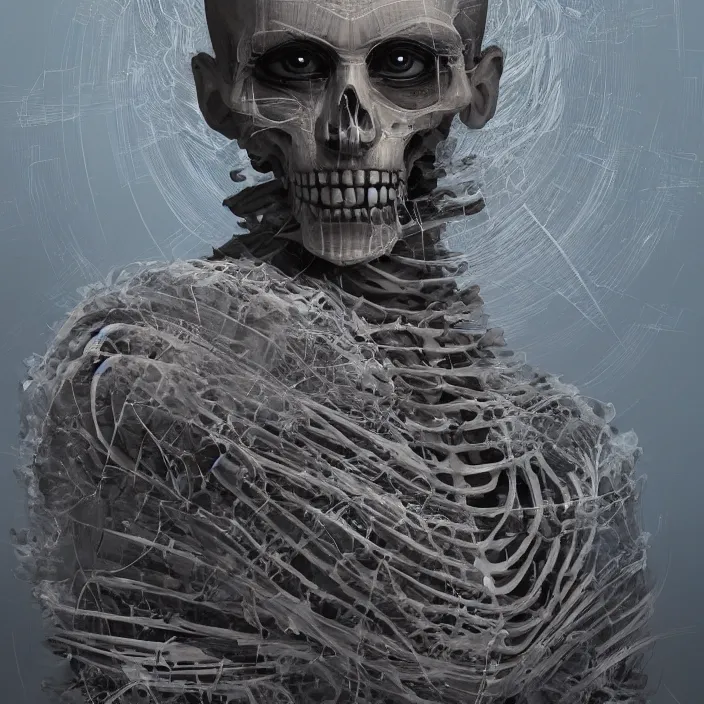 Prompt: portrait of Buddhist Monk as skeleton. intricate abstract. intricate artwork. by Tooth Wu, wlop, beeple, dan mumford. octane render, trending on artstation, greg rutkowski very coherent symmetrical artwork. cinematic, hyper realism, high detail, octane render, 8k, iridescent accents