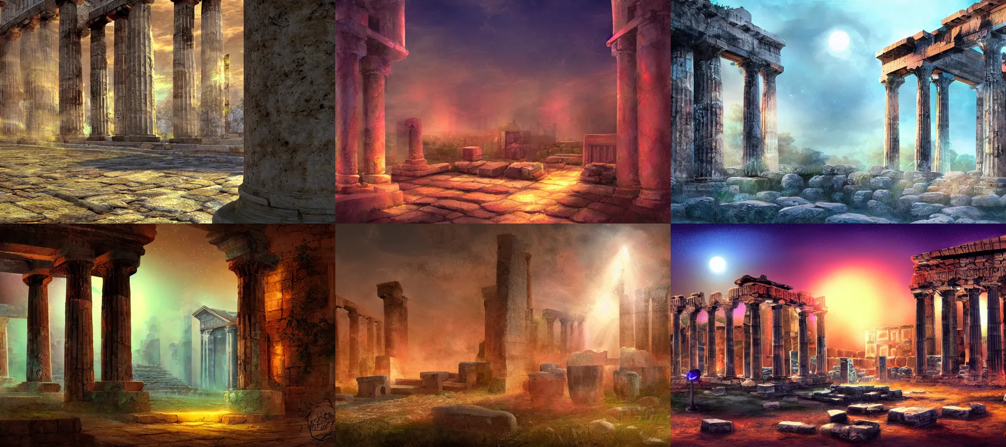 Prompt: closeup, ancient greek ruins, digital painting, concept art, fantasy, colourful, at night, volumetric lighting