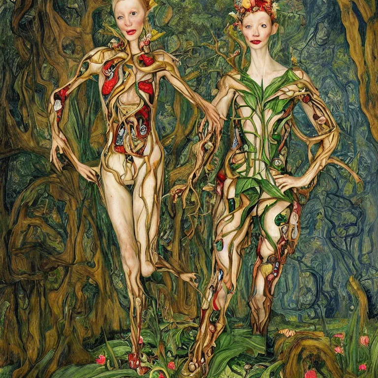 Prompt: a grinning dryad girl, who looks like a cybernetic alien stands pround in the middle of a river valley. around her are tropical birds and orchids and she is wearing an iris van herpen dress. painted by jan van eyck, egon schiele and max ernst, trending on artstation, 8 k, award winning, high octane