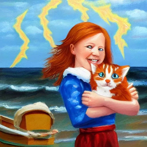 Prompt: oil painting of a young freckled redhead girl smiling and holding a kitten in a boat, in rough seas with large waves, dark clouds and lightning, depicted for a children\'s book