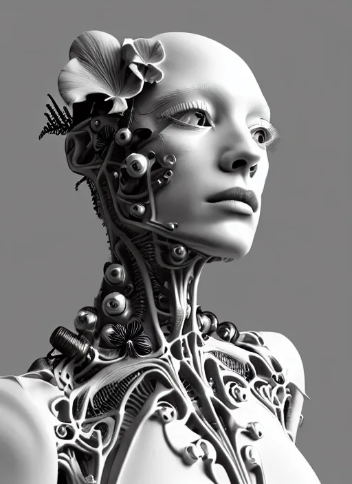 Image similar to monochrome 3 d model, biomechanical beautiful young female cyborg with porcelain profile face and a big floral eye, volumetric light, big leaves foliage and stems, hibiscus flowers, boho floral vines, sinuous fine roots, fine foliage lace, alexander mcqueen, rim light, gothic fashion pearl embroidered collar, steampunk, octane render, 8 k