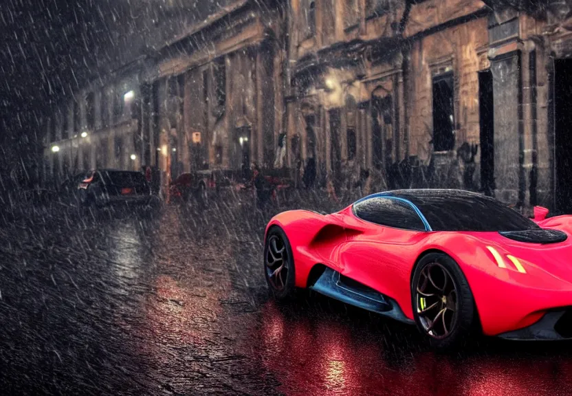 Image similar to A highly detailed, realistic photo of a neon hypercar in Rome in the rain, 8k resolution, trending on artstation