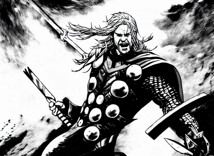 Image similar to thor with blond hair catches lightning and holds an ax in an epic battle with storm clouds with faces monsters by tsutomu nihei, black and white, epic battle background, comic, cinematic