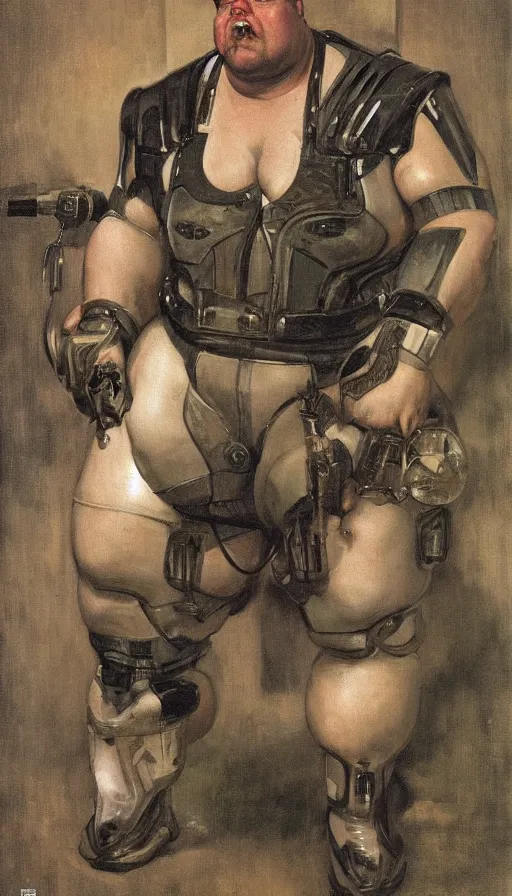 Image similar to upper body portrait of a fat armoured cyborg in an english country pub, by normal rockwell and greg staples and john singer sargent