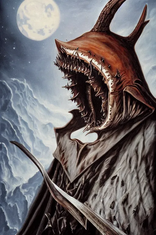 Image similar to sideview waist up portrait of shark with big antler wear black cape hoodie made with porcelain by jeff easley and peter elson, beautiful eyes and face, symmetry face, galaxy, gothic, surreal, dread, highly detailed, intricate complexity, epic composition, magical atmosphere, masterpiece, award winning, trending on artstation