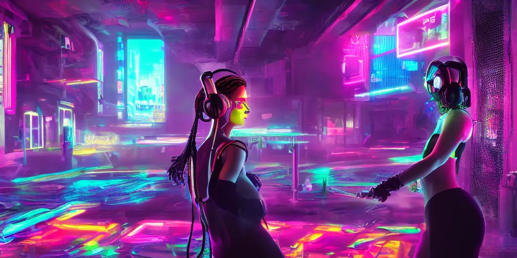 Image similar to beautiful digital drawing of a cyberpunk girl listening to music in a colourful club in KylieDeAmore style botoxed no nose realistic, octane render, hyperrealistic, high quality, highly detailed, artstation, HD, beautiful, cinematic, 8k, unreal engine, facial accuracy, symmetrical