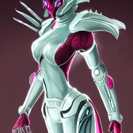 Image similar to highly detailed exquisite fanart, of a beautiful female warframe, but as an anthropomorphic elegant robot female dragoness, glowing eyes, shiny and smooth off-white plated armor, bright Fuchsia skin beneath the armor, sharp claws, robot dragon four fingered hands, and robot dragon three clawed feet, royal elegant pose, full body and head shot, epic cinematic shot, professional digital art, high end digital art, singular, realistic, DeviantArt, artstation, Furaffinity, 8k HD render, epic lighting, depth of field