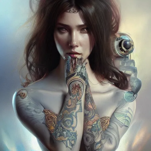 Prompt: ultra realistic illustration, a hot and beautiful tattooed extraterrestrial woman, intricate, elegant, highly detailed, digital painting, artstation, concept art, smooth, sharp focus, illustration, art by artgerm and greg rutkowski and alphonse mucha