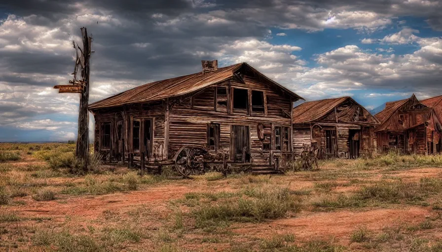 Prompt: an abandoned old west ghost town, digital art, highly detailed, realistic, bright colors, 8 k