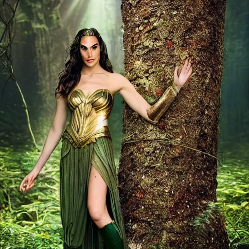 Prompt: Full body photo of the beautiful woman Gal Gadot as a dryad, she has those characteristic sparkling green eyes, she is looking straight to the camera, she has a glow coming from her, she is getting illuminated for rays of light, behind her is an ancient forest full of life, the photo was taking by Annie Leibovitz, Ellie Victoria Gale and Steve McCurry, matte painting, oil painting, naturalism, 4k, 8k