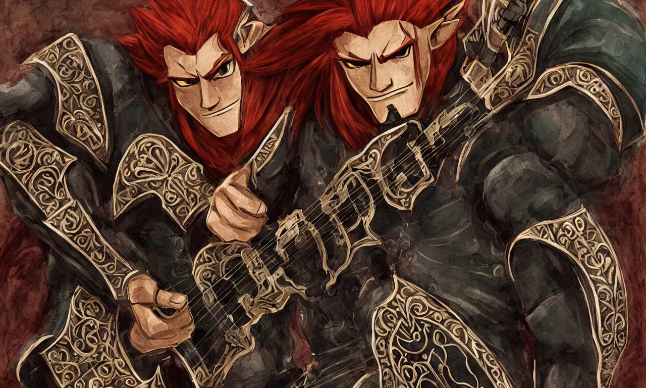 Prompt: ganondorf playing the guitar. intricate details. high resolution.