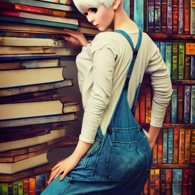 Image similar to full body pose, beautiful adult book fairy, pixar, short white hair shaved sides, dirty, grungy, grunge, long sleeve, painted overalls, stacks of giant books, highly detailed, 4 k, hdr, smooth, sharp focus, high resolution, award - winning photo, artgerm, photorealistic