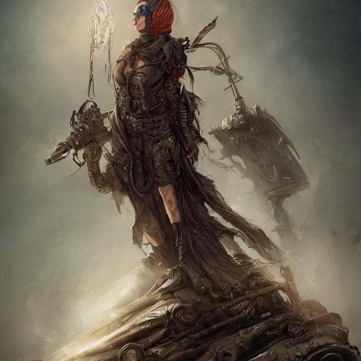 Image similar to beautiful apocalyptic woman in hooded cloak, standing on mad max panzer tank, hyper-detailed, smooth, sharp focus, 4k ultra hd, fantasy dark art, tank girl, artgerm, artstation, octane render, elegant, detailed digital painting, apocalyptic art, peter mohrbacher, Francis bacon