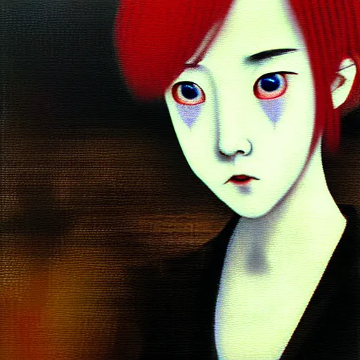 Image similar to yoshitaka amano blurred and dreamy realistic three quarter angle portrait of a young woman with short hair and black eyes wearing office suit with tie, junji ito abstract patterns in the background, satoshi kon anime, noisy film grain effect, highly detailed, renaissance oil painting, weird portrait angle, blurred lost edges