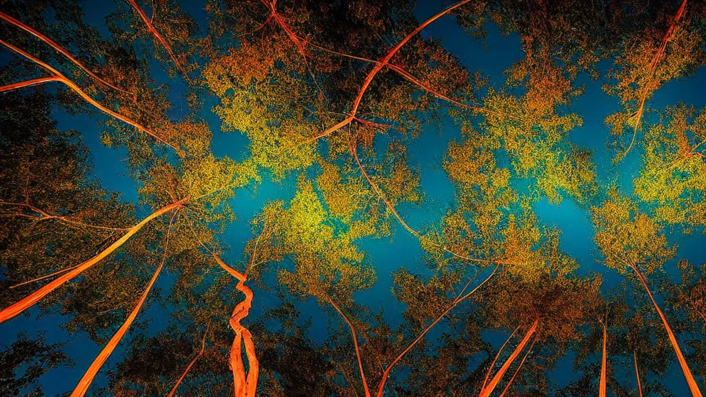 Prompt: The trunks stretch above you, awesome and cradling. The canopy gyres overhead, the intricacy of the leaf capillaries dazzle. Psychedelic night time photography in the style of Andreas Ghersky