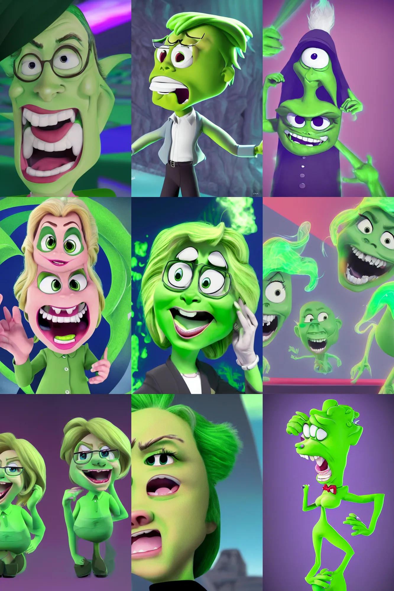 Prompt: a hilary clinton as disgust inside out extremely green and sassy, mr. nimbus character design, sharp, rendered in unreal engine 5, anime key art by glen keane, ross tran, bloom, dramatic lighting, sunrise