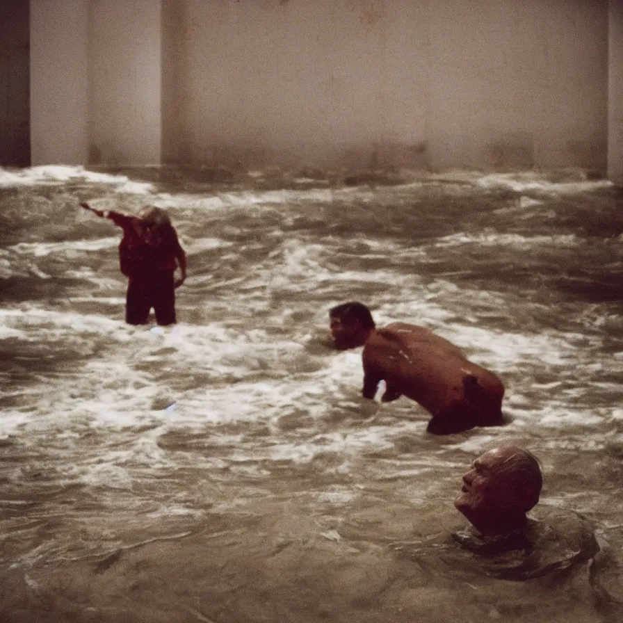 Prompt: 9 0 s movie still of an old man drowning in an empty soviet ballroom flooded with blood, cinestill 8 0 0 t 3 5 mm, heavy grain, high quality, high detail