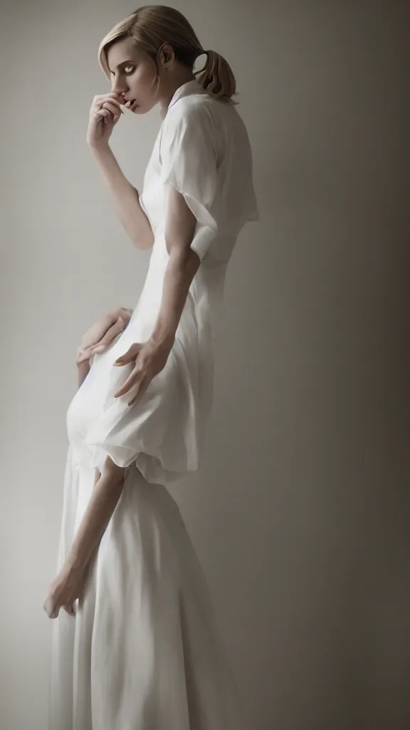 Image similar to emily skinner cosplaying annie leonhart wearing heels and wearing elegant white dress in a white room looking up, beautiful face, pale skin, rule of thirds, cinematic lighting, rainy weather, melancholy atmosphere, sharp focus, backlit, stunning, smooth, hard focus, full body shot, studio photo, shot on sony a 7 iii, hyper realistic,