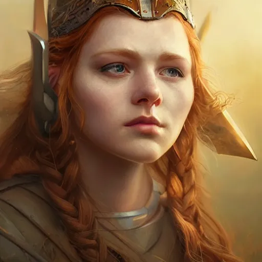 Image similar to epic portrait, an female viking medic, glossy lips, pretty, long ginger hair, puppy eyes, digital painting, artstation, concept art, soft light, hdri, smooth, sharp focus, illustration, fantasy, intricate, elegant, highly detailed, D&D, matte painting, in the style of Greg Rutkowski and Alphonse Mucha and artemisia, 8k,