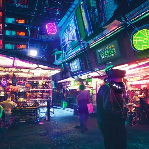 Image similar to a market stall at a futuristic cyber punk trade show in 2 0 5 5 from a distance, neon lighting, cinematic, dslr, unreal engine, hyper realistic