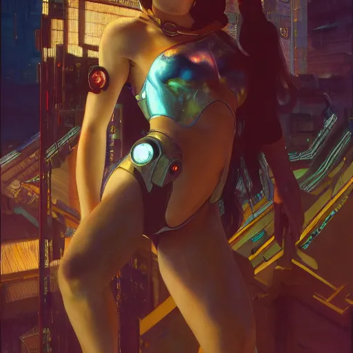 Image similar to cyberpunk woman | muscular | hyperrealistic | lush background | sci fi environment | action pose | digital painting | trending on artstation | pinup portrait | clean | illustration | dressed | unreal engine 5 | 8 k resolution | by greg rutkowski alphonse mucha gustav klimt and mel ramos