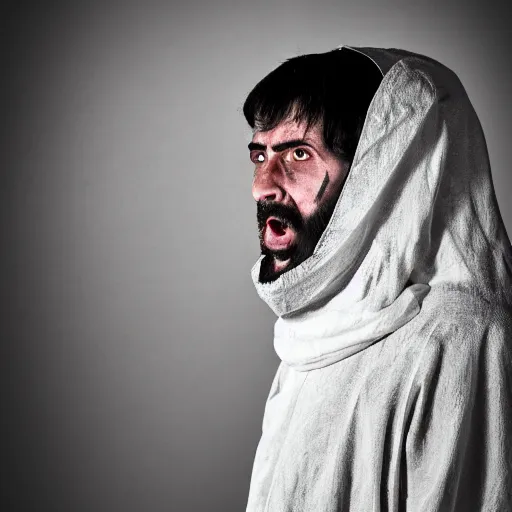 Image similar to Photograph of Angry 25 year old man in ancient Canaanite clothing wakes up in shock. Interior ancient tent. 40mm lens, shallow depth of field, split lighting