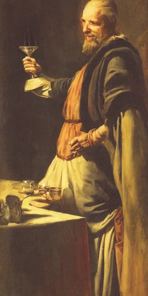 Image similar to a mystical man with a goblet on the table