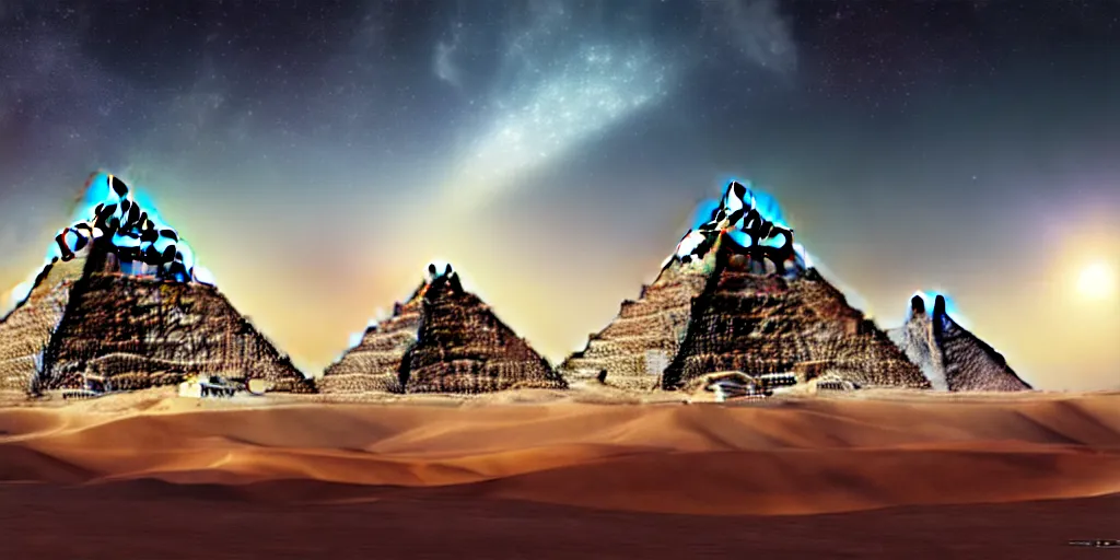 Image similar to a beautiful view of a spaceport at the pyramids, matte painting, cinematic lighting, hyper - detailed, 4 k, scifi