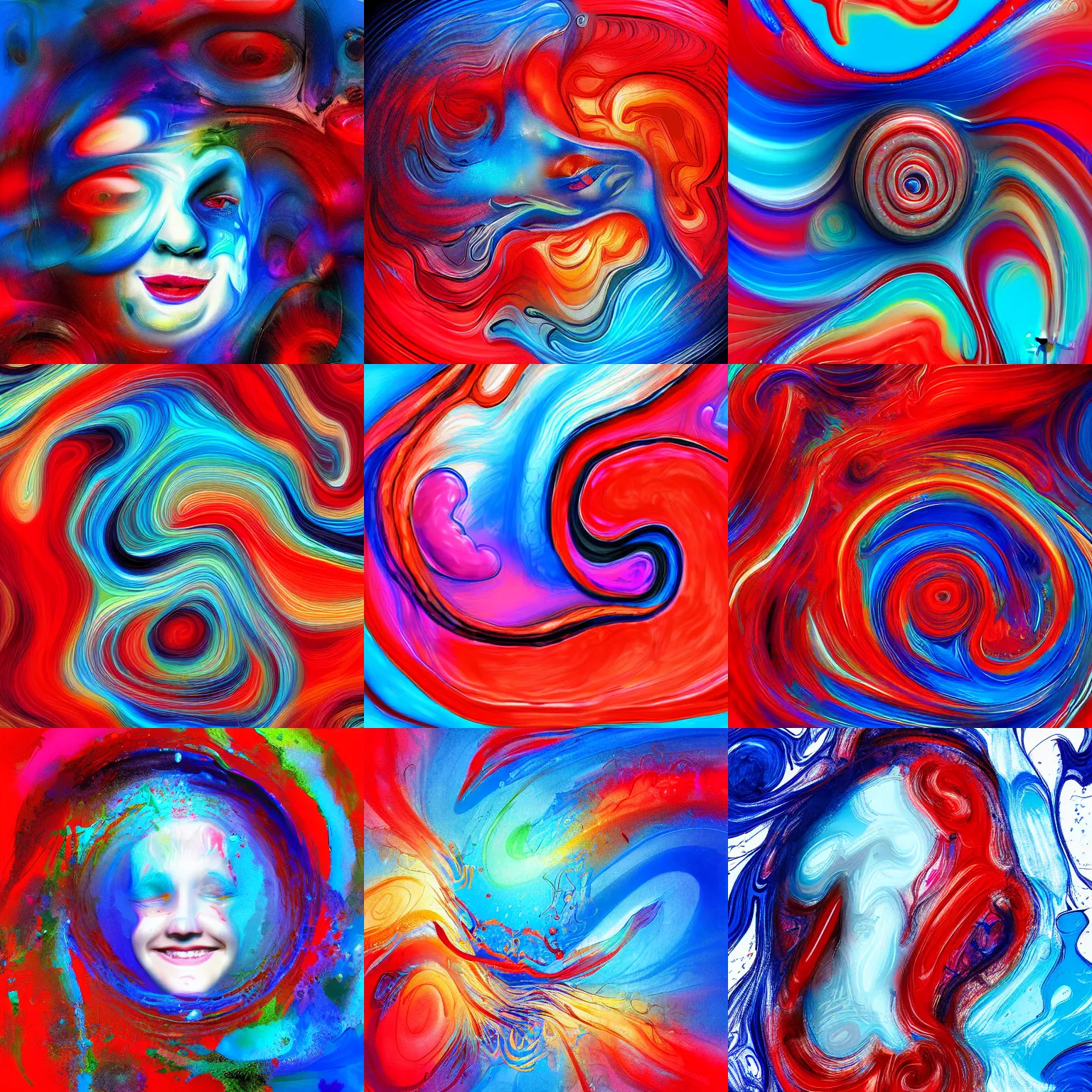 Prompt: dreaming face, swirling liquids, smile, paints mixing, blue and red, digital art