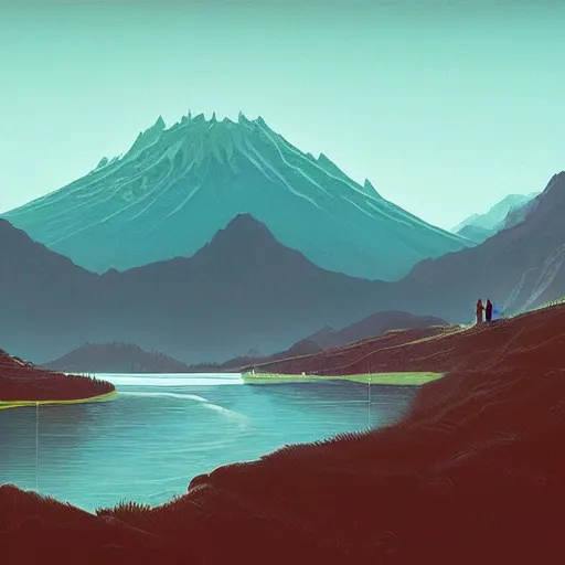 Image similar to A large picturesque mountain with a river flowing between them by Simon stålenhag