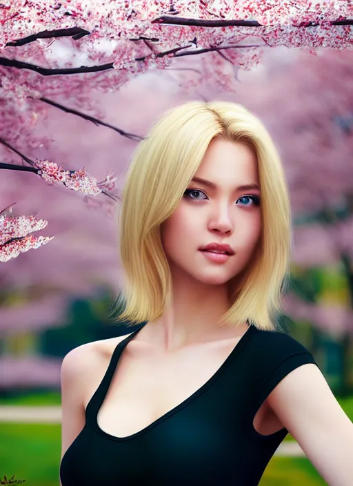 Image similar to photo of a gorgeous blonde female in the style of stefan kostic, realistic, half body shot, sharp focus, 8 k high definition, insanely detailed, intricate, elegant, art by stanley lau and artgerm, extreme blur cherry blossoms background