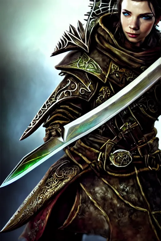 Image similar to Eir Stegalkin holding a sword of Guild Wars 2, concept art, close-up, digital art, hyper-realistic, highly detailed