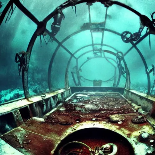 Image similar to abandoned rusty underwater theme park, surreal, horror, eerie, creepy, murky water, underwater, underwater photography, dark, submechanophobia, animatronics,