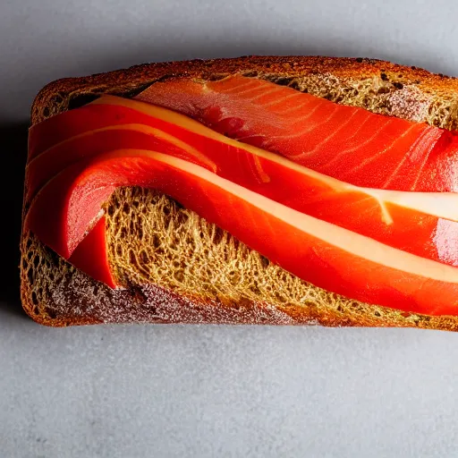 Image similar to hot slices of bread filled with freshly - caught salmon and red apple, 8 k resolution, food photography, studio lighting, sharp focus, hyper - detailed